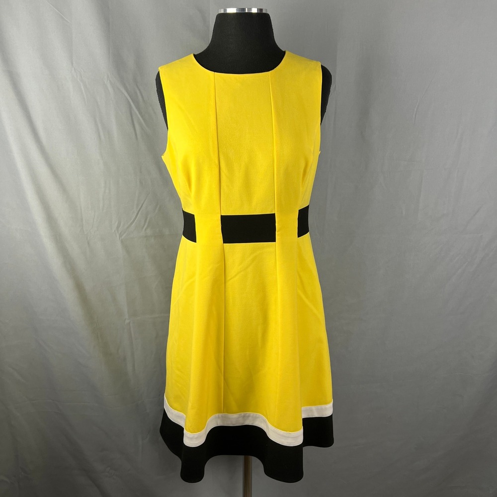 Calvin Klein Shift Dress Womens 8 Petite Yellow Stretch Sleeveless Flowy Formal